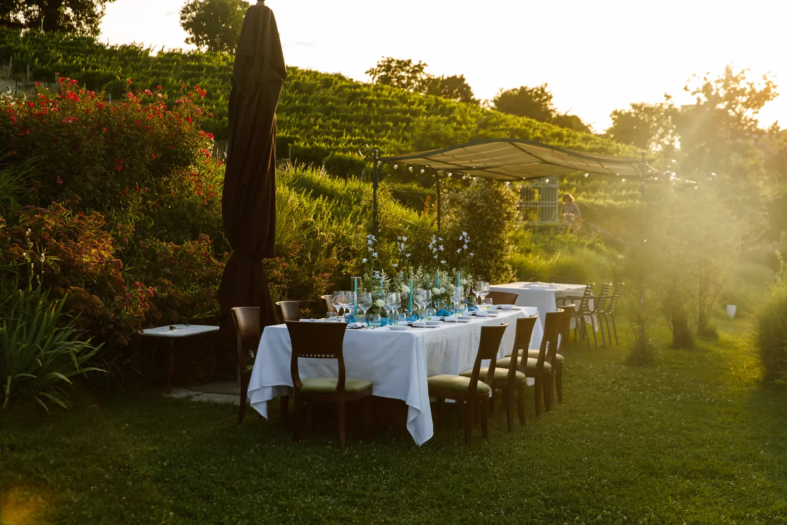 Tavolata apparecchiata sul prato della tenuta La Raia al tramonto, tra vigneti e cespugli fioriti, con candele azzurre e fiori bianchi al centro / Table set on the lawn of the La Raia estate at sunset, among vineyards and flowering shrubs, with light blue candles and white flowers down the centre